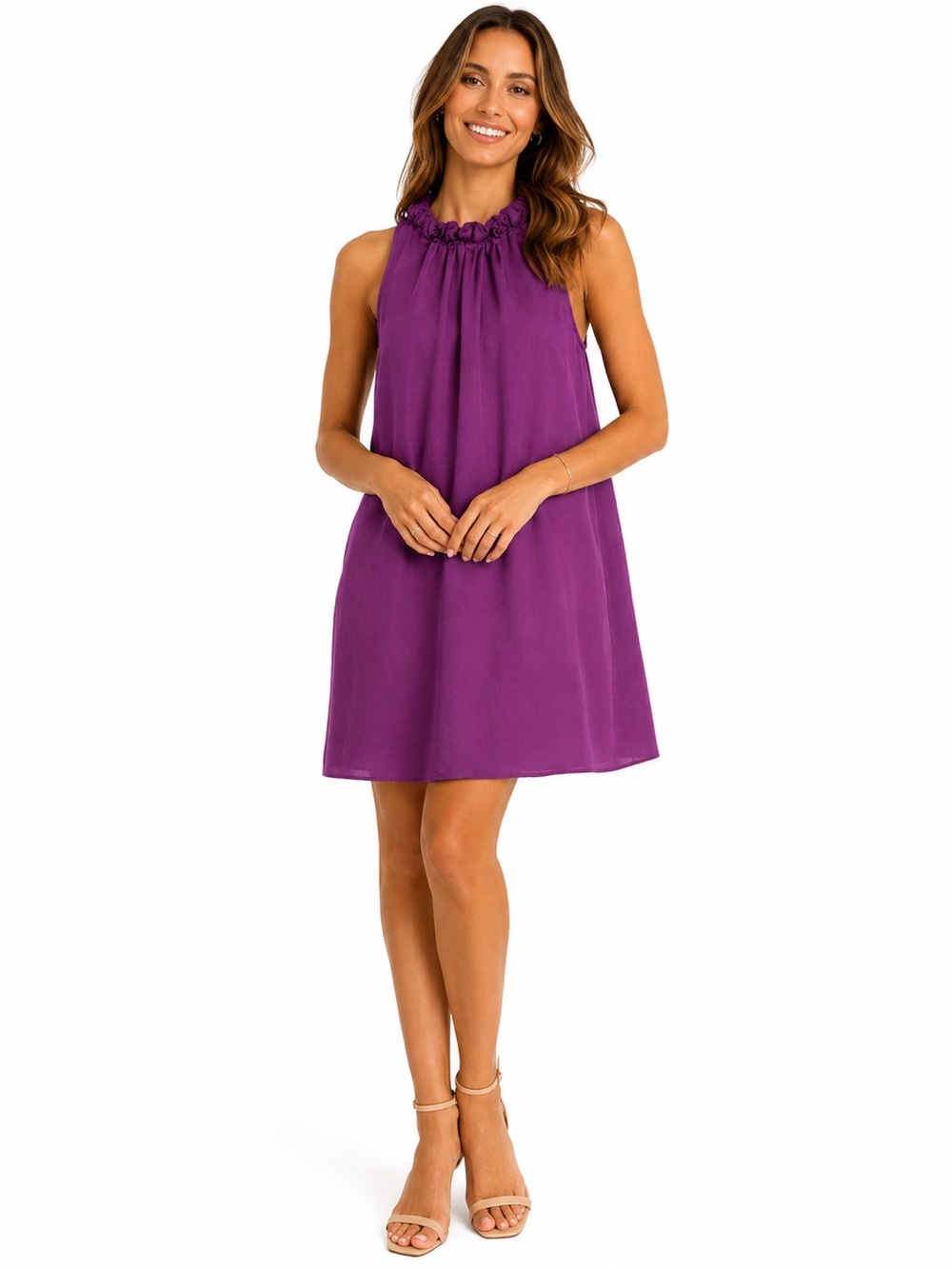Taylor Purple Sleeveless Ruffle-Neck Mini Dress